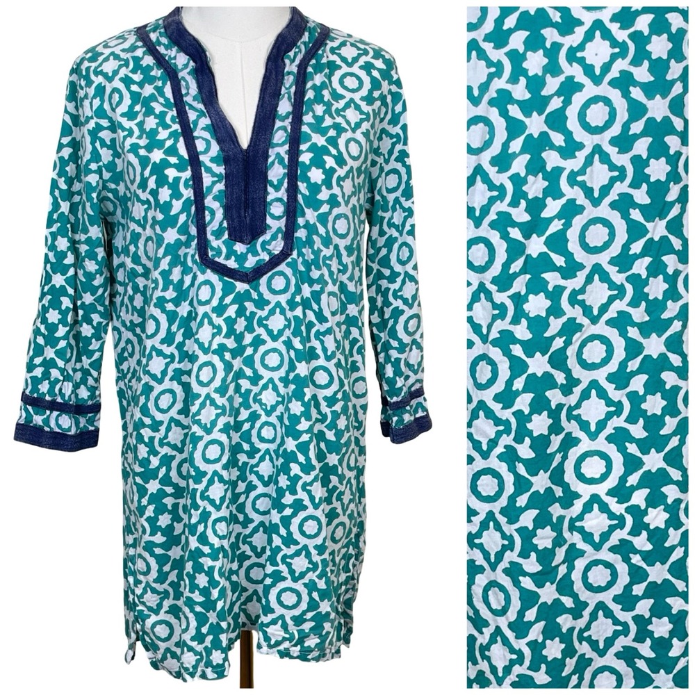 Roberta Roller‎ Rabbit Piperlime Tunic Dress Womens M Green Geometric Cotton